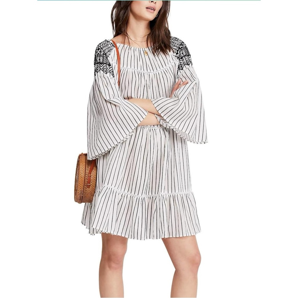 Free People Lola Boho Embroidered Dress with Tassle Tie Back Women’s M